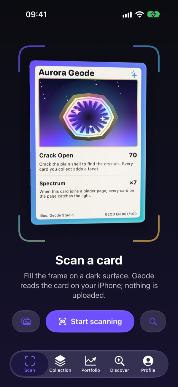 Geode’s Scan screen, with the Aurora Geode sample card and a Start scanning button